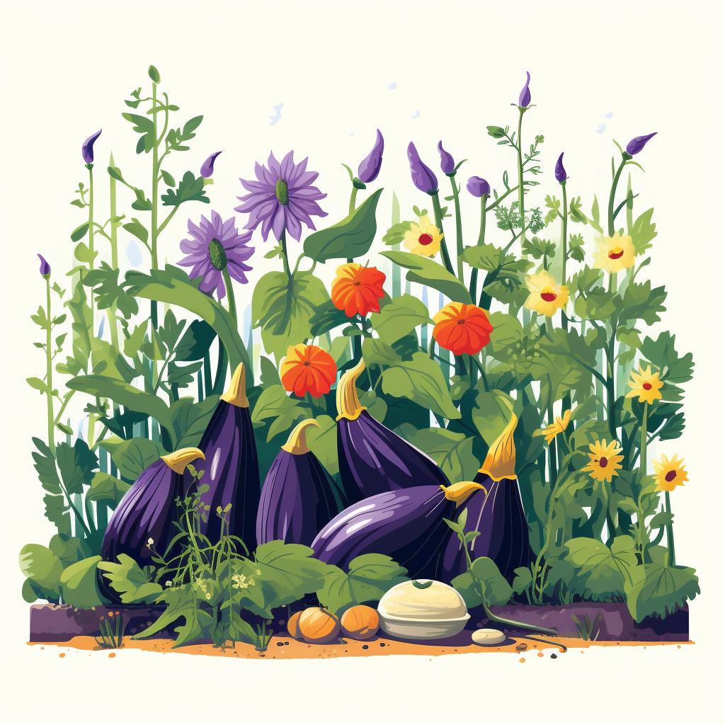 A well-maintained garden with healthy eggplants and companion plants