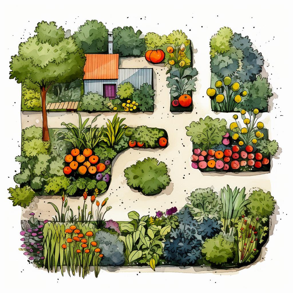 A sketch of a garden layout with marked areas for fruits, berries, and herbs.