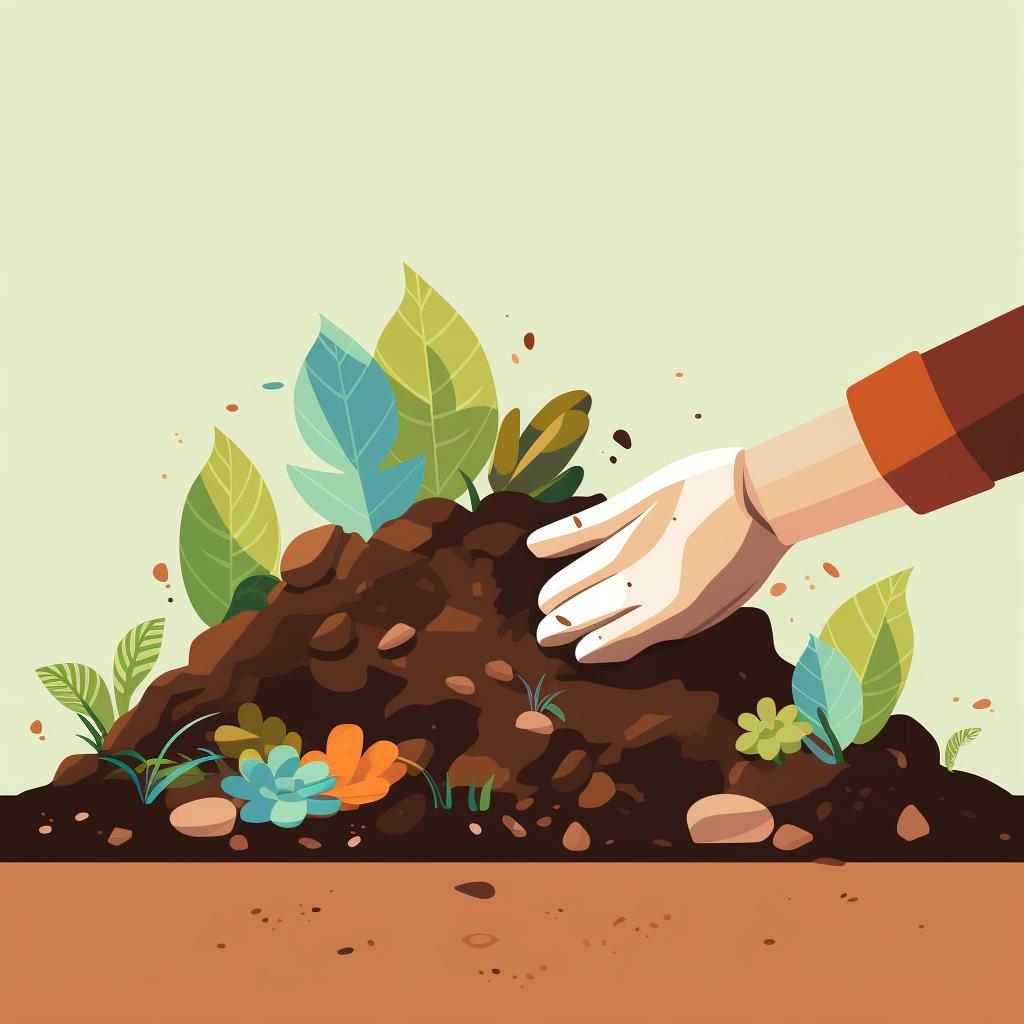 Hands preparing a garden bed, removing rocks and adding compost