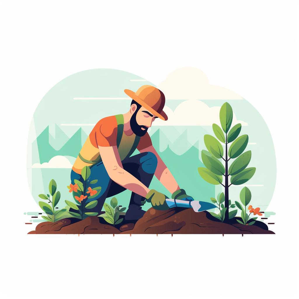 A gardener planting seedlings in a garden.