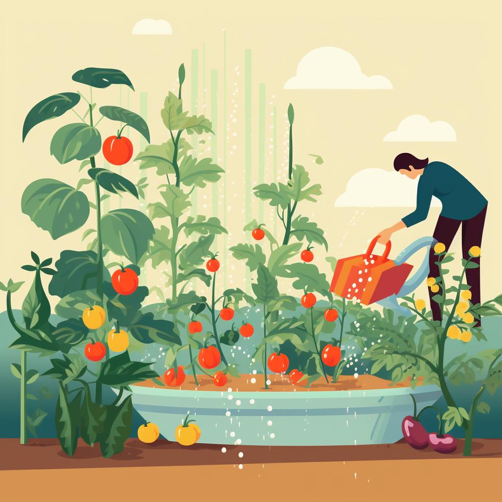 A hand watering a well-maintained pepper garden with companion plants