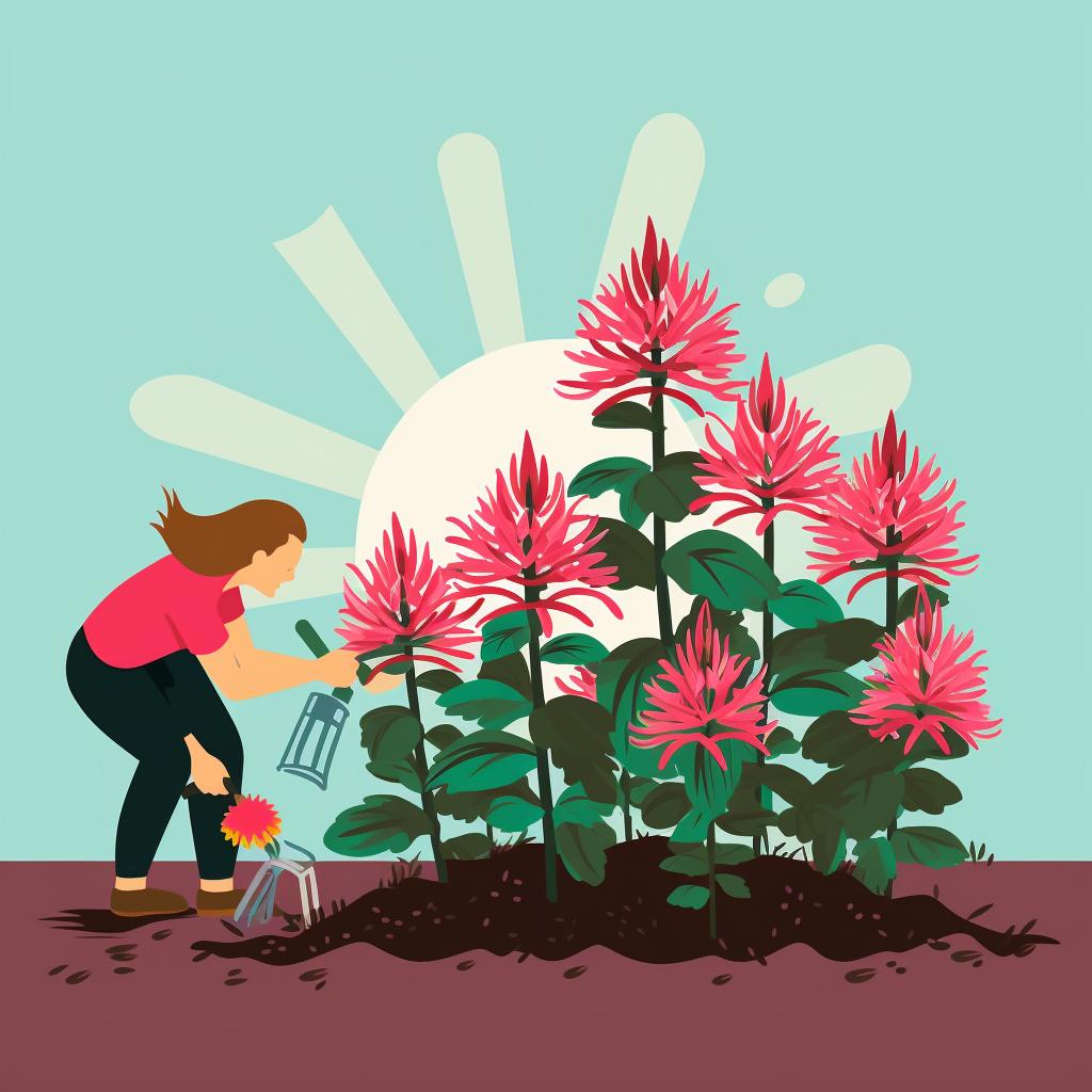 Applying mulch and fertilizer around a bee balm plant