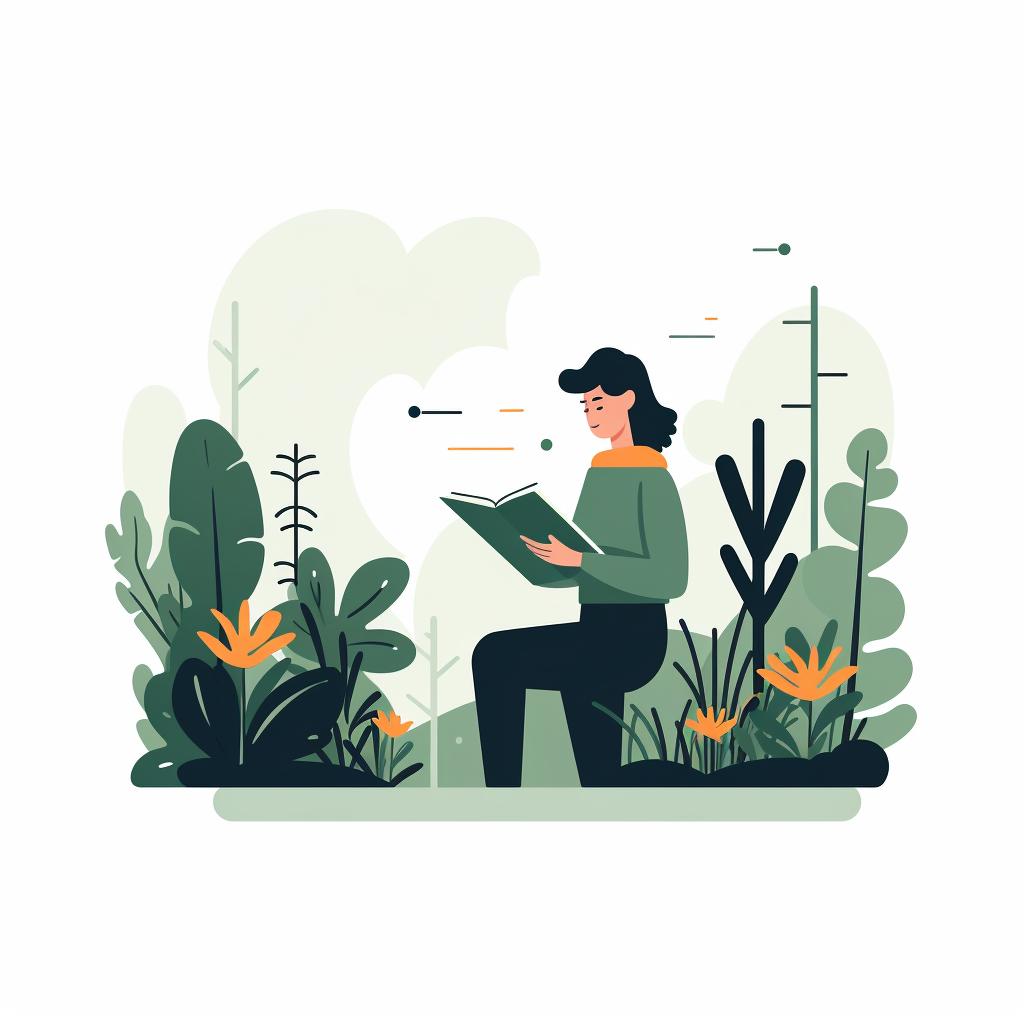 A person observing plants in a garden with a notebook